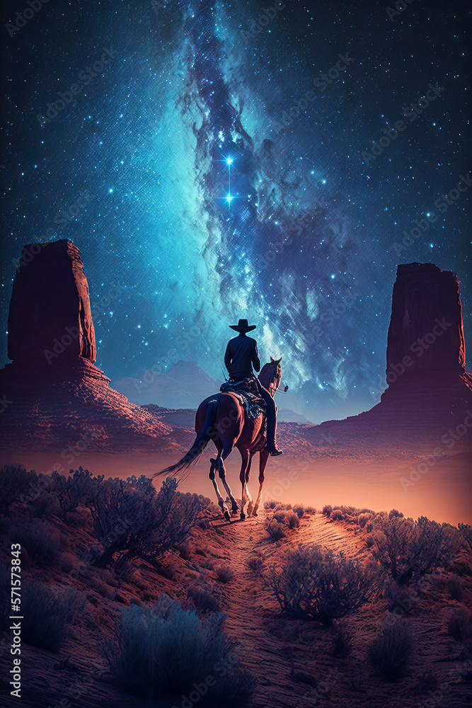 Cowboy riding a horse in the desert with a milky way. Generative AI