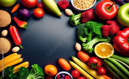 Healthy Food Selection with rich fiber sources vegan food for cooking like vegetables, fruits, seeds, super foods, etc. Top view copy space. Generative AI