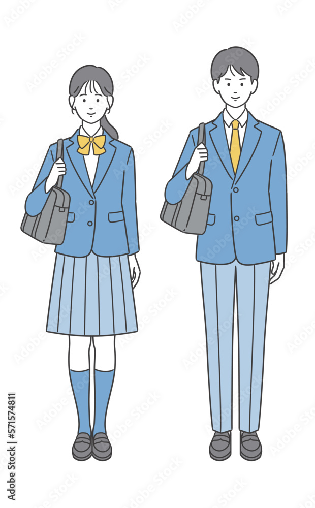 カバンを持つの男子学生と女子学生の全身イラスト カバンを持つの男子学生と女子学生の全身イラスト