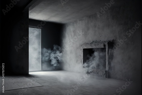 Empty dark abstract cement wall and studio room with smoke float up interior texture for display products wall background