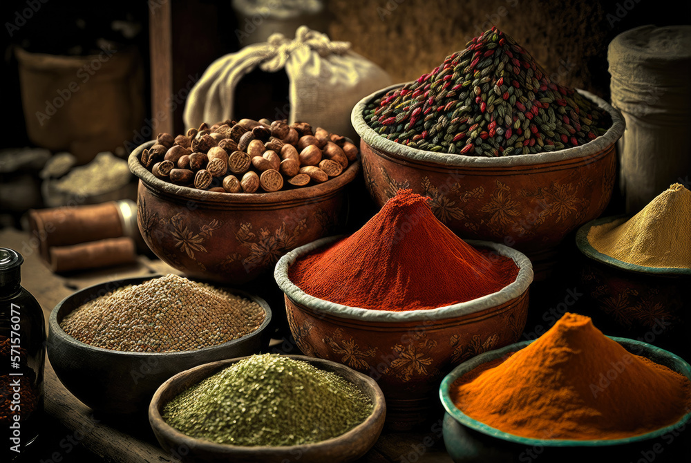 Different types spices in bowls selling on a market. Created with Generative AI.