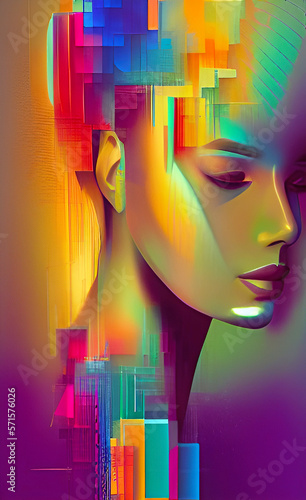 The mind of a fictitious lady bursting out in colour in an abstract double exposre art effect; psychology concept. Generative AI illustration.