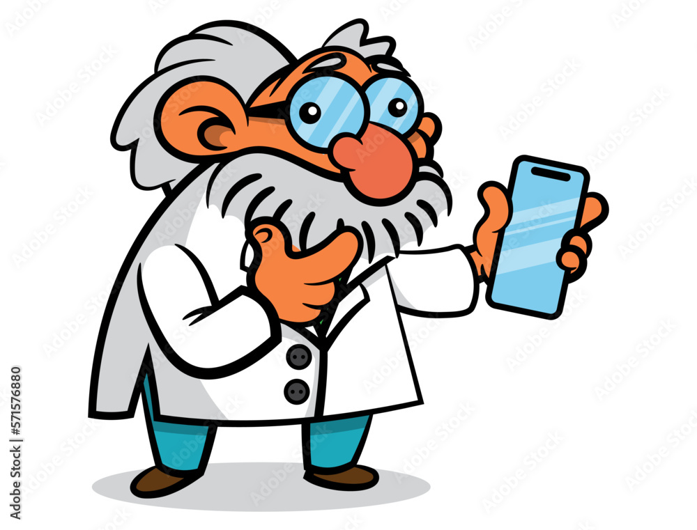 Cartoon illustration of Old professor wearing laboratory coat and showing his smartphones. Best for sticker, logo, and mascot with communication technology themes