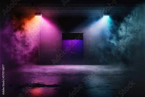 The dark stage shows, dark purple, multicolored background, an empty dark scene, neon light, spotlights The asphalt floor and studio room with smoke float up the interior texture for display products