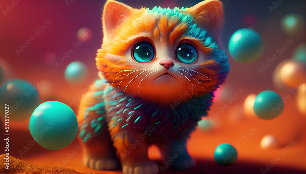 Illustration of a cute cat in blue and orange with bubbles. Generative AI.