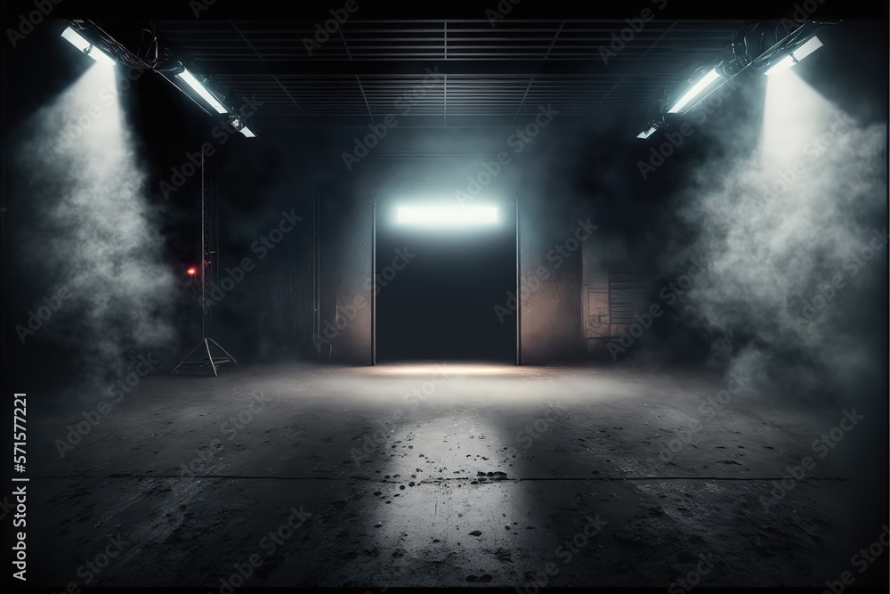 The dark stage shows wall background, an empty dark scene, neon light, and spotlights The asphalt floor and studio room with smoke float up the interior texture for display products