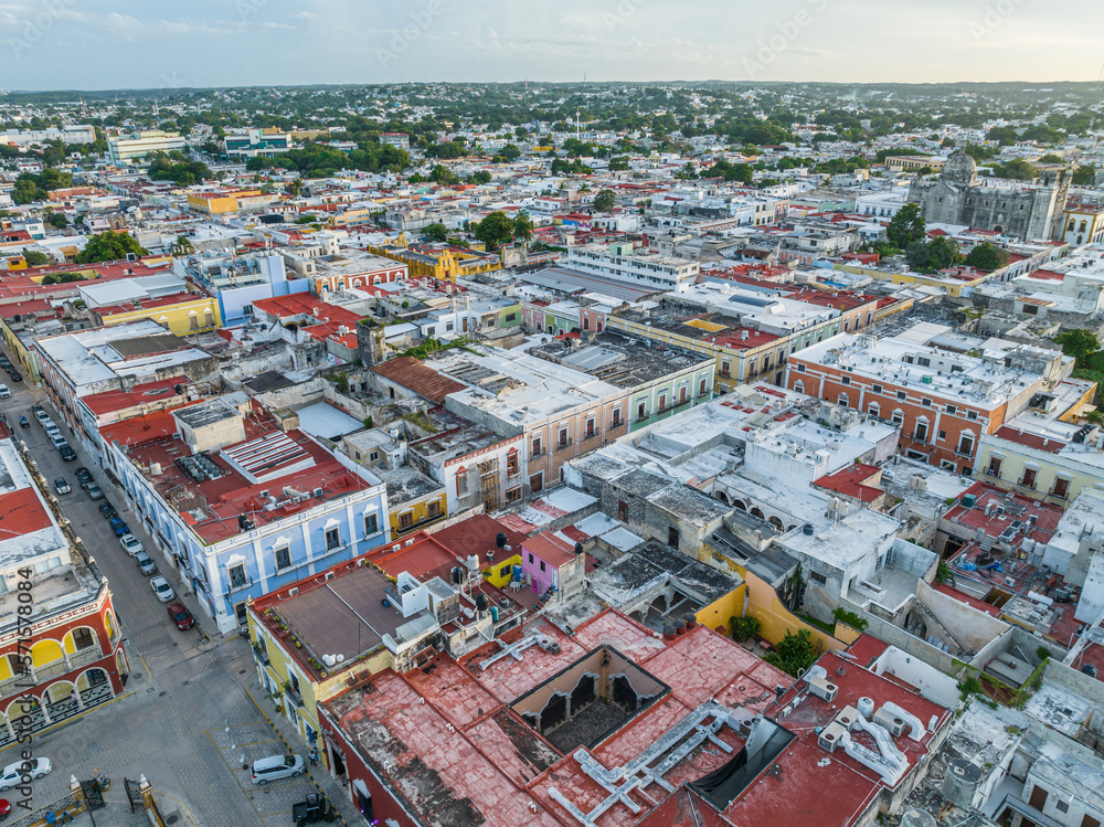 Aerial view of Campeche downtown at sunset. Campeche, Mexico.