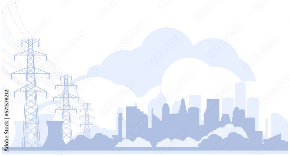 Electric towers and city skyline, high voltage power line pylons, town power supply, vector