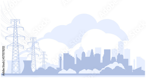Electric towers and city skyline, high voltage power line pylons, town power supply, vector photo