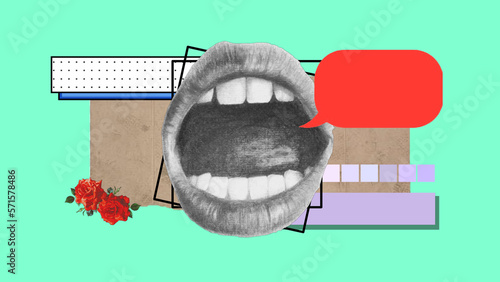 weird collage mouth with text box for announcement isolated on pastel green background 