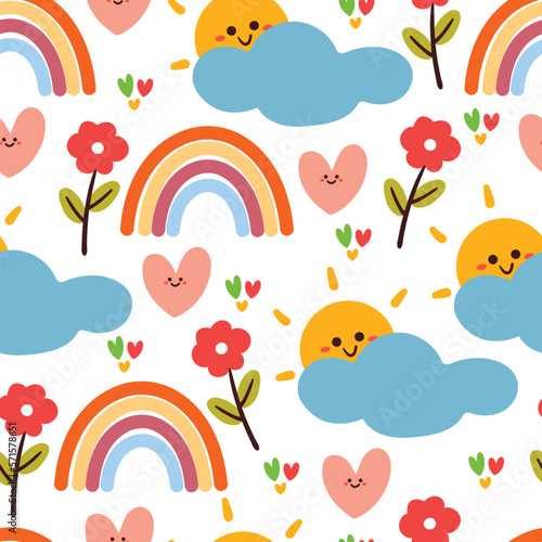 seamless pattern cartoon clouds, sun, rainbow and flower. cute wallpaper for textile, gift wrap paper