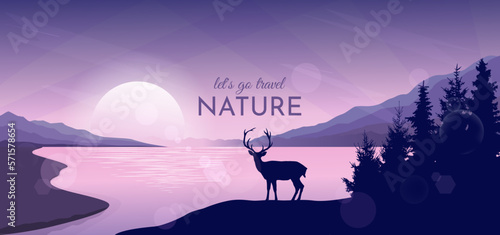 Beautiful mountain landscape. The sun sets behind the horizon  the mountains in the evening twilight. Two deer near the river. Silhouettes of fir trees in the foreground. Wildlife watching  tourism.