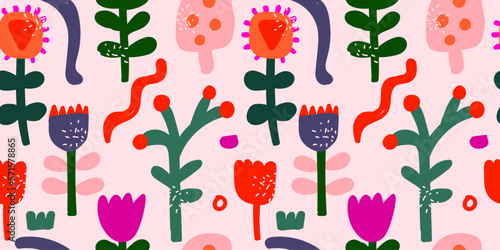 Seamless pattern with abstract flowers and plants.
