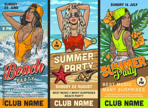 Summer party colorful flyers set