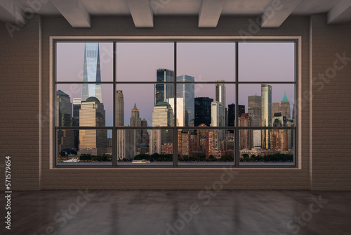 Downtown New York City Lower Manhattan Skyline Buildings. High Floor Window. Beautiful Expensive Real Estate. Empty room Interior Skyscrapers View Cityscape. Financial district. Night. 3d rendering.