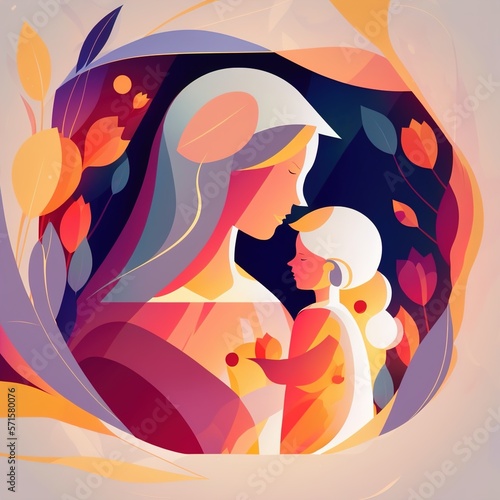Illustration Of Mother Holding Baby Son In Arms. Happy Mother s Day Greeting Card.