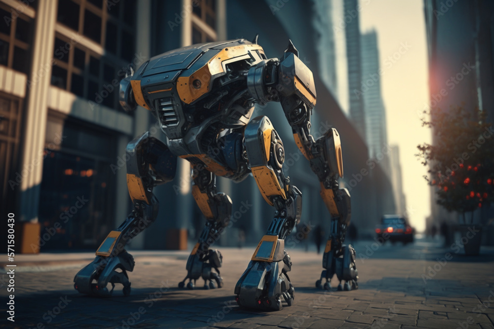 Autonomous surveillance security or police robot dog in city. Concept of future, advanced technology, ai Autonomous surveillance security or police robot dog in city. Concept of future, advanced technology, ai