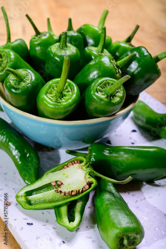 Fresh green mild padron pepper pementos, ready for grill or to be fried with olive oil, traditional snack in Galicia, Spain. photo