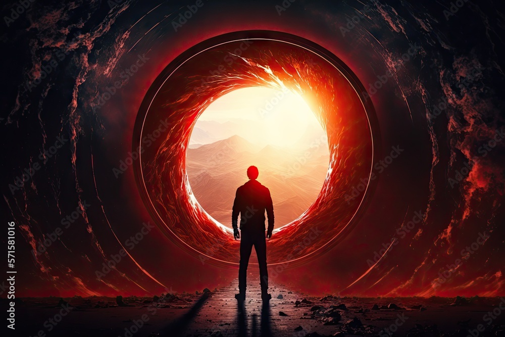 A man is standing and gazing at the red sunbeams against the backdrop of a Time portal or the light circle of a black hole. Photographic art. Novel of science fiction. Copy space. Generative AI