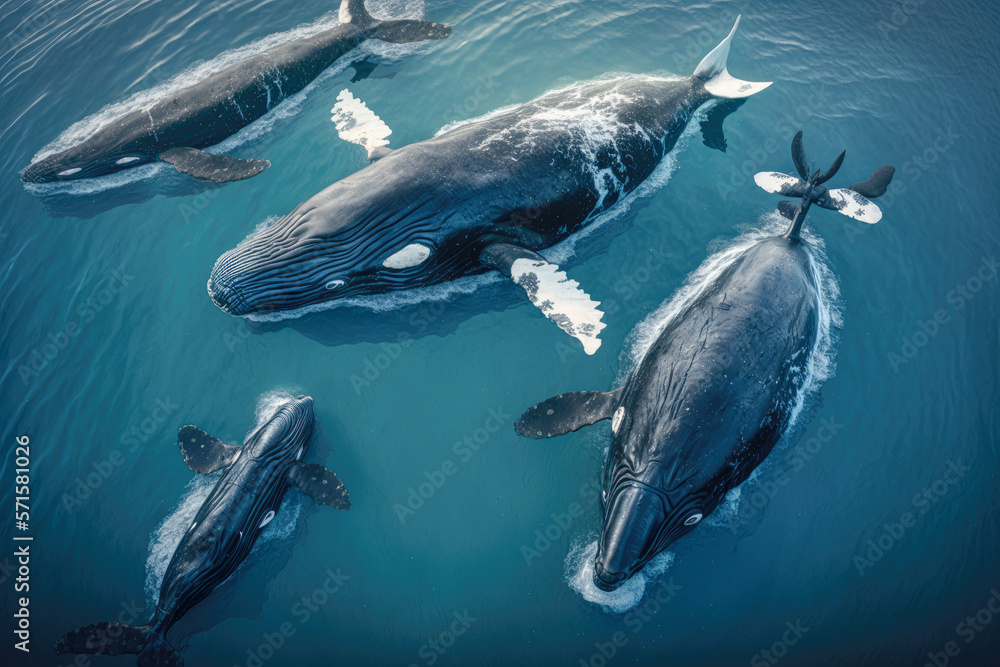 Fototapeta premium An aerial view of a group of whales, Cetacea, such as Humpback Whales, Megaptera novaeangliae - Generative AI