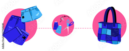 Handmade and upcycling concept. DIY bag made of jeans. Vector illustration of sewing , reuse of cloth, reasonable consumption.