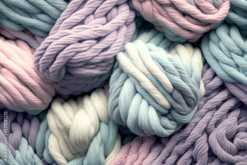 Delicate pastel yarn for knitting. Twisted threads abstract background. Generative AI illustration