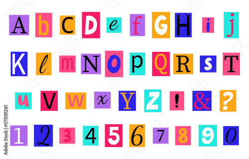 Alphabet in y2k, 90s style. Anonymous colorful letters cut from magazines.
