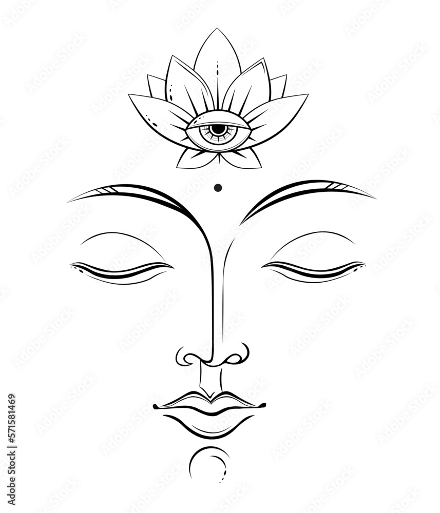 Detailed line art drawing of Buddha face with opened lotus flower on