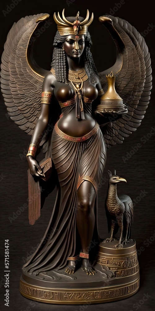 Fototapeta premium Egyptian goddess Isis is seen in a statue. She was Osiris' sister and wife, and the couple had a son named Horus. She is the goddess of fertility and motherhood and the feminine archetype for creation