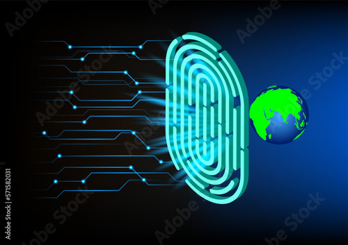 graphics image data security access fingerprint protect with world map and blue globe vector illustration