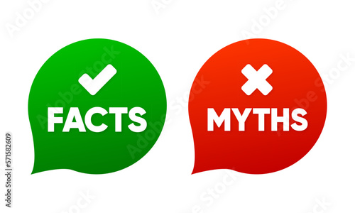 Green Facts and red Myths banner. Simple facts and myths sign, true and false. Vector illustration.