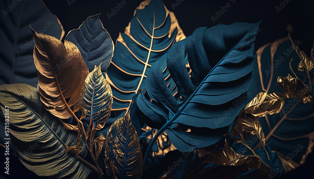 dark blue and gold tropical leaves on dark background with Generative