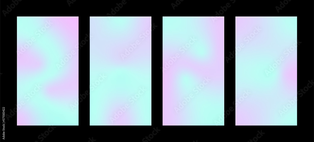 Y2K holographic gradient set. Blue and purple grainy stories backgrounds with soft transitions. For covers, wallpapers, brands, social media