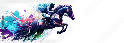 Equestrian sport horse jump colorful splash horizontal banner on white background copy space. Generative AI illustration