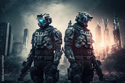 Futuristic swat soldiers on a future city background. Swat soldiers in futuristic tactical outfit armor and weapons standing on a science fiction background. Generative AI