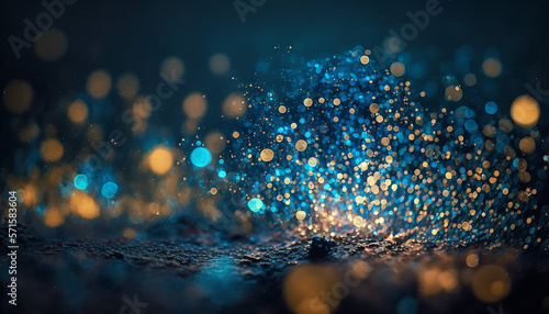 Blurred bokeh light on dark blue background. Abstract glitter defocused blinking stars and sparks with Generative AI technology