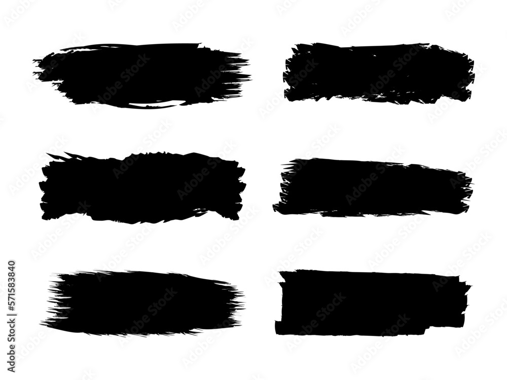 Set of grunge shapes in black isolated on white background. Black paint, ink brush strokes, grungy. Hand drawing vector illustration
