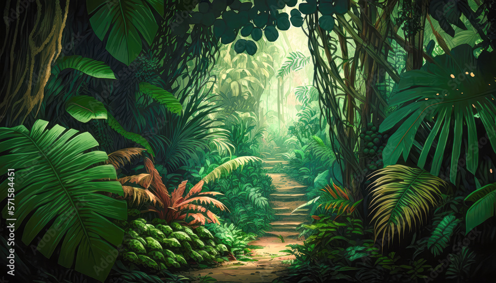 A tropical forest with exotic trees, leaves and vines, illustration - Generative AI