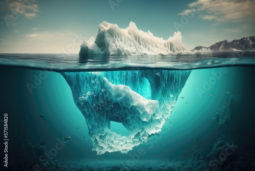 Underwater, a gorgeous large white iceberg. Concept of melting glaciers due to global warming. Ocean iceberg with a view from below. transparent water. Global Warming and Hidden Risk. Generative AI © 2rogan