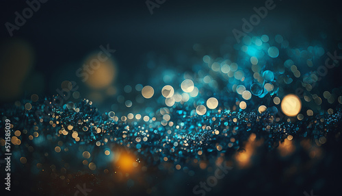 Blurred bokeh light on dark blue background. Abstract glitter defocused blinking stars and sparks with Generative AI technology