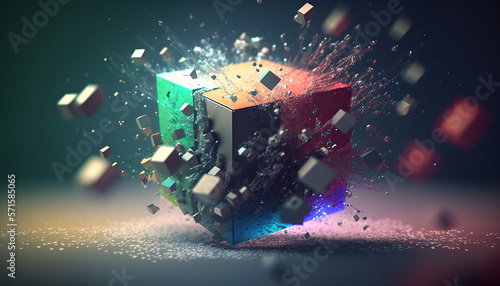 abstract 3d illustration of chaotic particles, colored cube in empty space with Generative AI technology