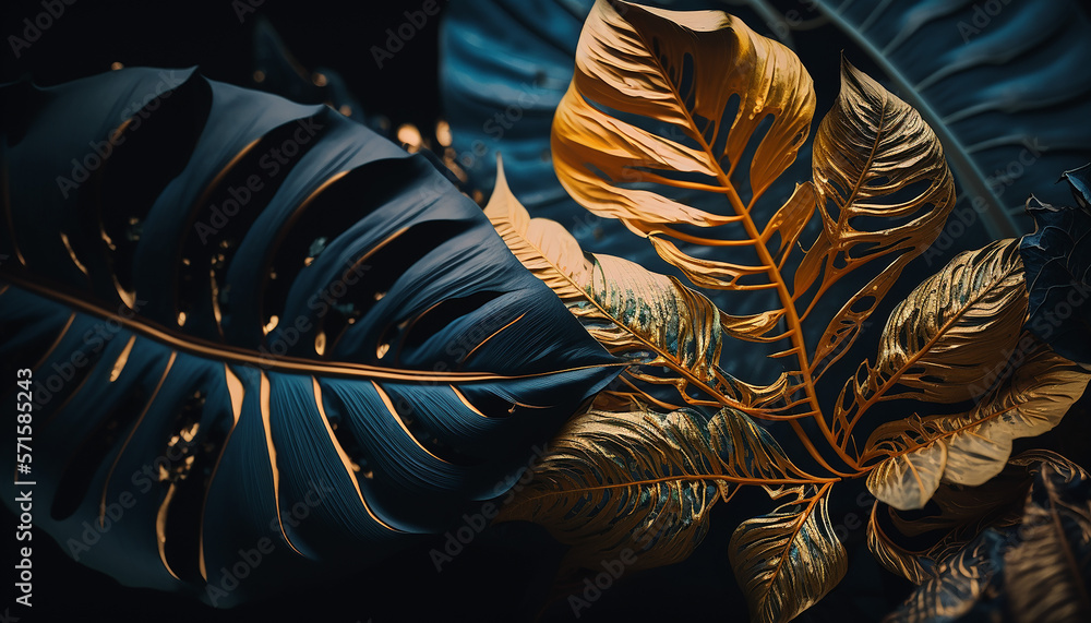 dark blue and gold tropical leaves on dark background with Generative