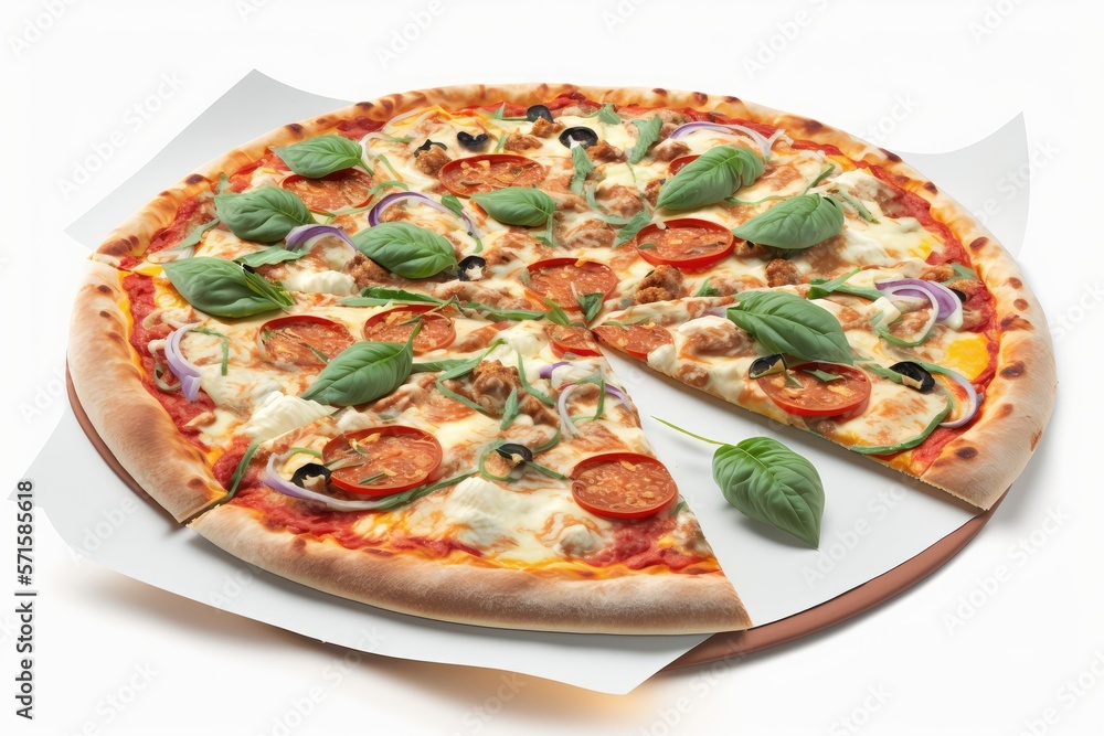 Pizza Mozzarella vor weissem Hintergrund. Gnerated AI