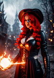 A bloody witch with red hair. Sexy sorceress of fire in a dark scenery. Gothic girl with a big cleavage. A woman dressed in leather. Woman wizard fire. Generative AI