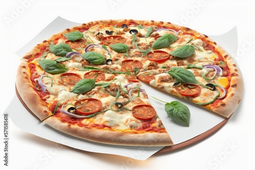 Pizza Mozzarella vor weissem Hintergrund. Gnerated AI