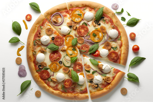 Fotografia Pizza Mozzarella vor weissem Hintergrund. Gnerated AI