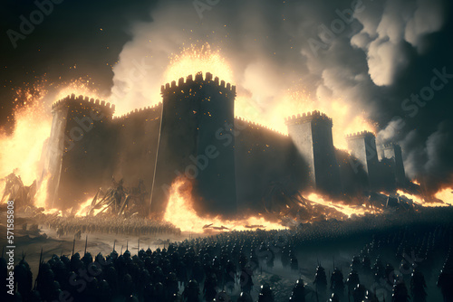 Storming of medieval castle fortress, siege of city walls. The battle of knights and warriors for Helms Deep, Middle-earth.