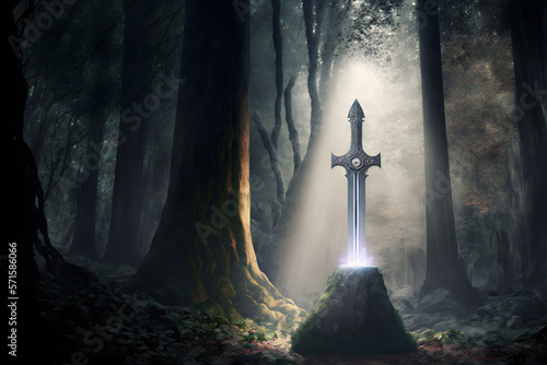Sword King Arthur Excalibur in a stone in the forest, a ray of light reflected on sword, fantasy photo