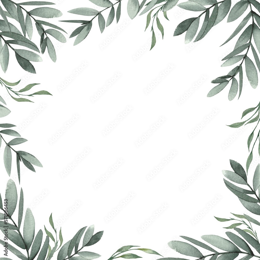 Square frame with green leaves and branches. Watercolor illustration on white background.