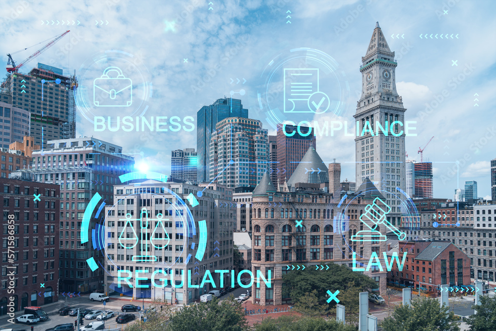 Fototapeta premium Financial downtown city view panorama of Boston from Harbor area at day time, Massachusetts. Glowing hologram legal icons. The concept of law, order, regulations and digital justice.
